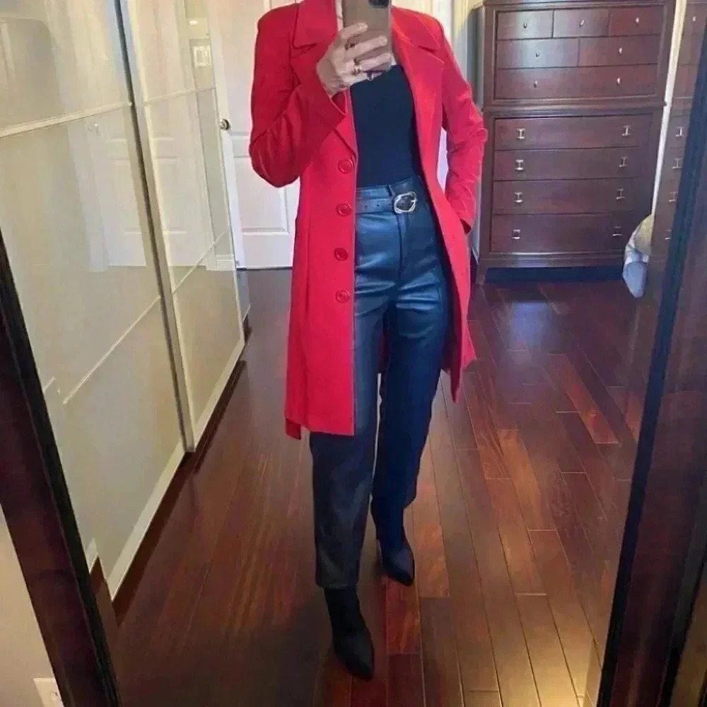 Vintage Le Chateau Trench Coat Red Ponte Knit Duster Blazer Belted Y2K Small - Picture 16 of 16